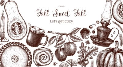 Vintage autumn frame design template. Hand-drawn vector illustration. Pumpkin, hot drink, fruit, pie, pastry, fall leaves sketches. Thanksgiving background 